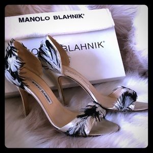 Manolo Blahnik Ostrich Catalina satin pumps